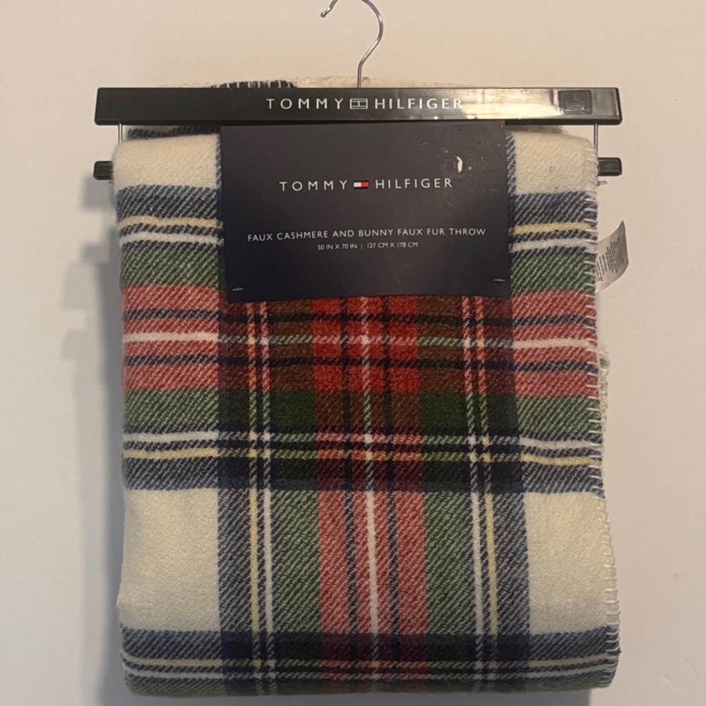Tommy Hilfiger Faux Cashmere Bunny Faux Fur Comfy Soft Plaid Throw 50 in x 70 in